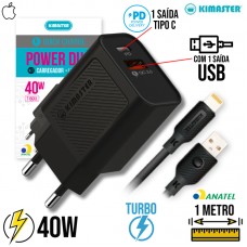 Kit Carregador Turbo 40W USB + Tipo C + Cabo USB x Lightning 1m T160UL Kimaster - Preto